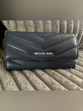 Michael Kors Navy Quilted Continental Wallet with Silver  Logo